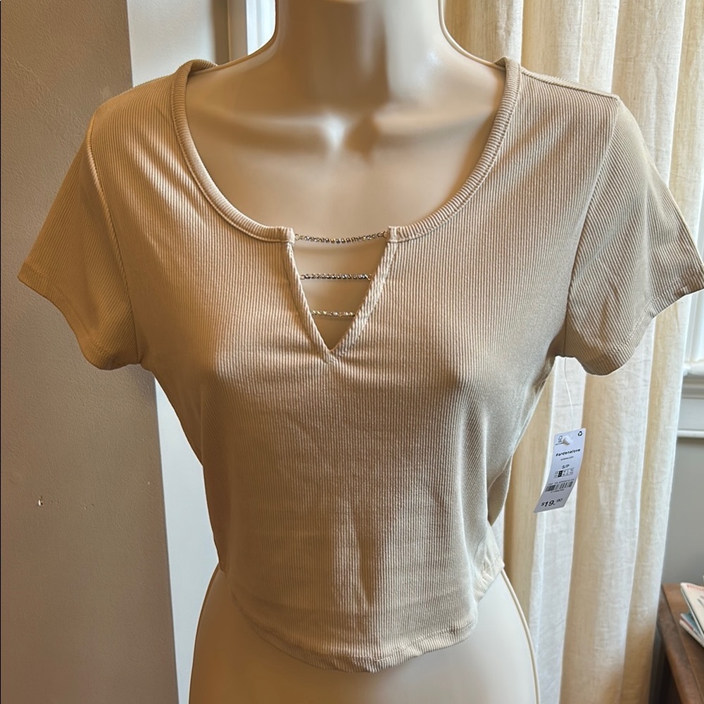 Ardene Cream Crop Cut Out Cap Sleeve Top